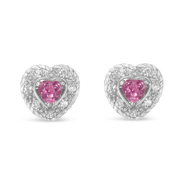 .925 Sterling Silver, Created Pink Sapphire, & Diamond-Accented 5/8" Heart-Shaped Rope Stud Earrings (I-J Color, I2-I3 Clarity)