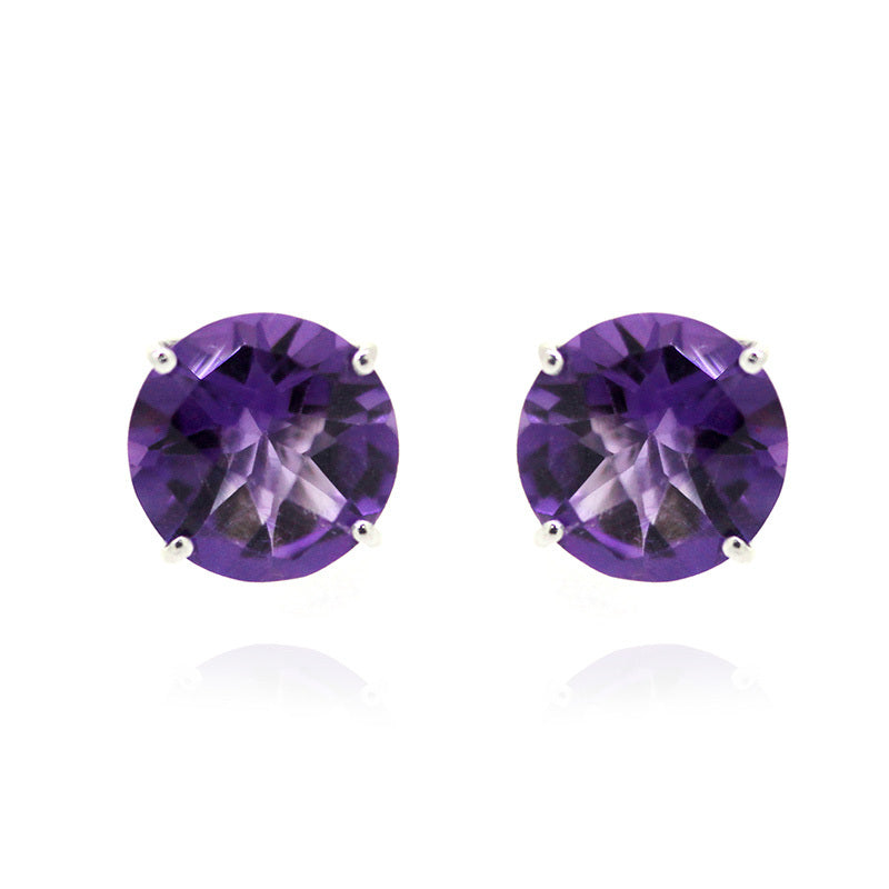 925 Sterling Silver Women  Stud Earring African Amethyst Round