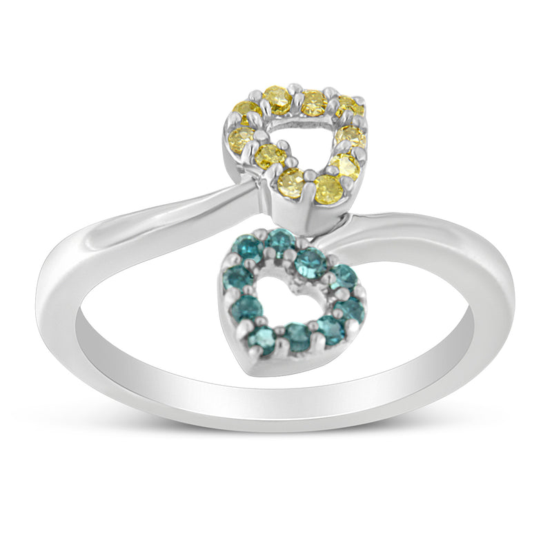 10k White Gold 1/4ct TDW Treated Blue and Yellow Round Diamond Heart Ring(I2-I3)