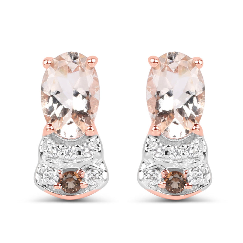 18K Rose Gold Plated 0.95 Carat Genuine Morganite, Smoky Quartz and White Zircon .925 Sterling Silver Earrings