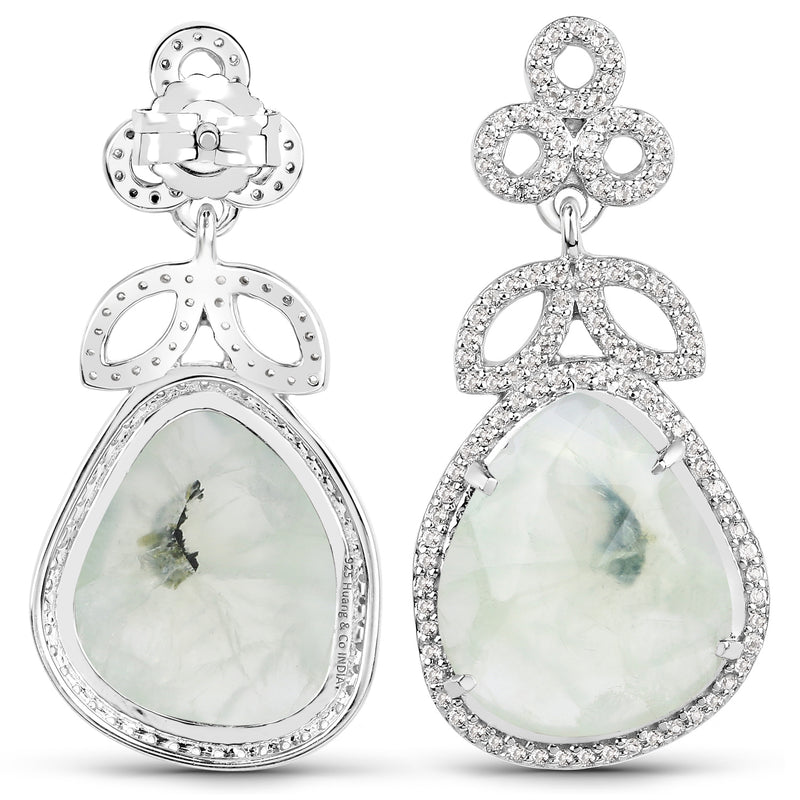 17.80 Carat Genuine Prehnite and White Topaz .925 Sterling Silver Earrings