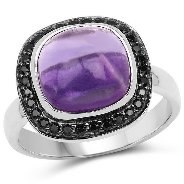 5.25 Carat Genuine Amethyst & Black Spinel .925 Sterling Silver Ring