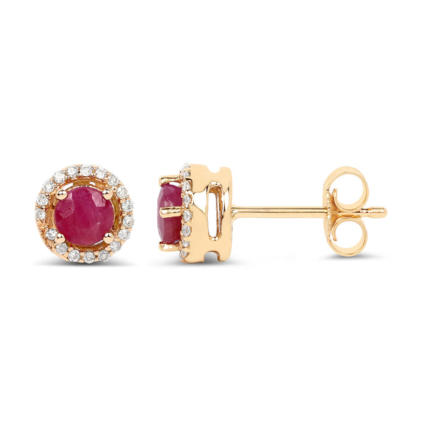 0.71 Carat Genuine Ruby and White Diamond 14K Yellow Gold Earrings