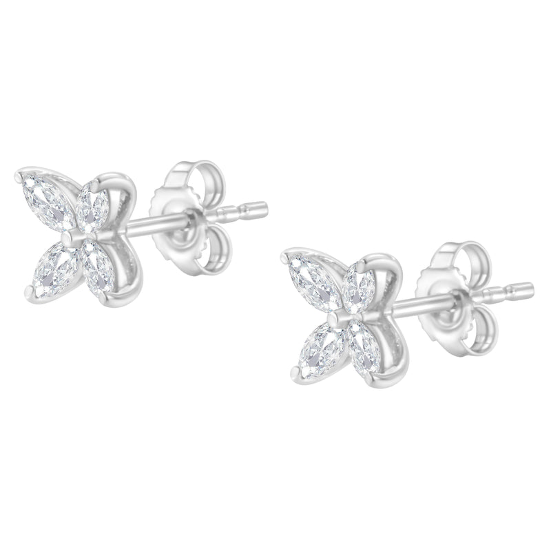 14K White Gold 3/4 Cttw Marquise Diamond 8 Stone Floral Leaf Stud Earrings (H-I Color, SI1-SI2 Clarity)