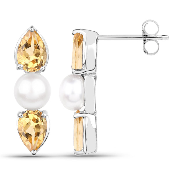 2.78 Carat Genuine Citrine and Pearl .925 Sterling Silver Earrings