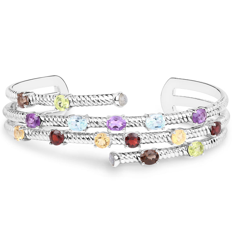 4.93 Carat Genuine Multi Stones .925 Sterling Silver Cuff Bangle