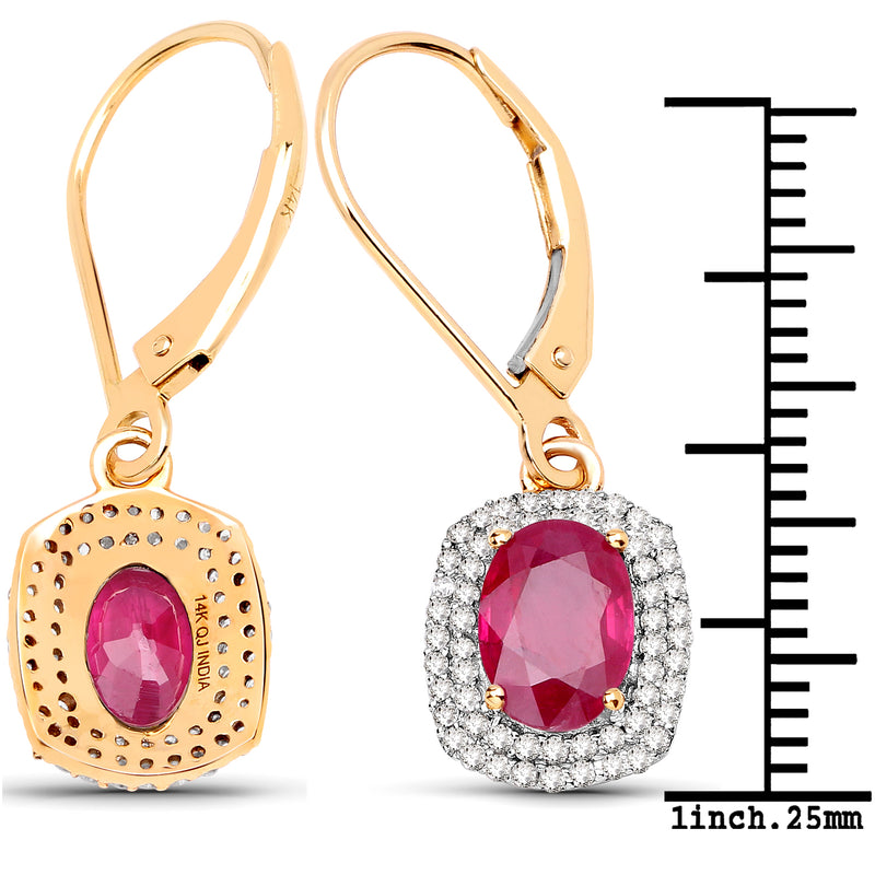 2.26 Carat Genuine Ruby and White Diamond 14K Yellow Gold Earrings