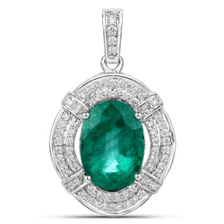 7.61 Carat Genuine Zambian Emerald and White Diamond 18K White Gold Pendant