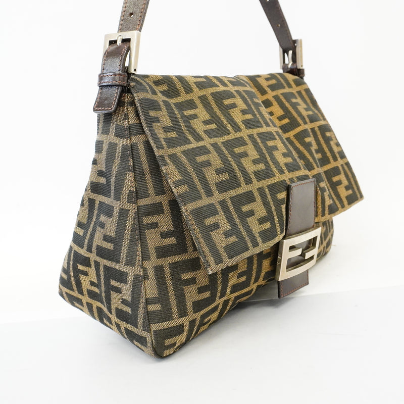 Auth Fendi Zucca Mamma Bucket Womens Canvas Handbag Brown