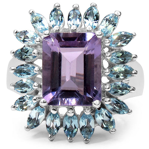 4.45 Carat Genuine Amethyst & Blue Topaz .925 Sterling Silver Ring