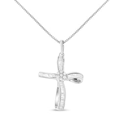 .925 Sterling Silver 1/4 Cttw Diamond Floral Cluster Cross Pendant Necklace (I-J Color, I2-I3 Clarity)