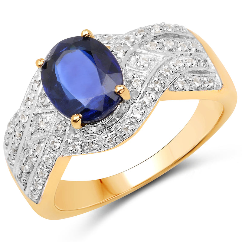 14K Yellow Gold Plated 2.56 Carat Genuine Kyanite and White Topaz .925 Sterling Silver Ring