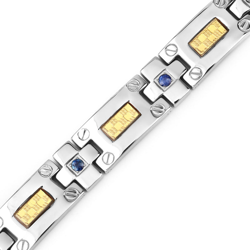 Titanium Men's Bracelet, Mens Titanium Bracelet with Gold Plated Steel Inlay, 0.56ctw. Natural Blue Sapphire Rounds