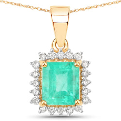 1.50 Carat Genuine Colombian Emerald and White Diamond 14K Yellow Gold Pendant