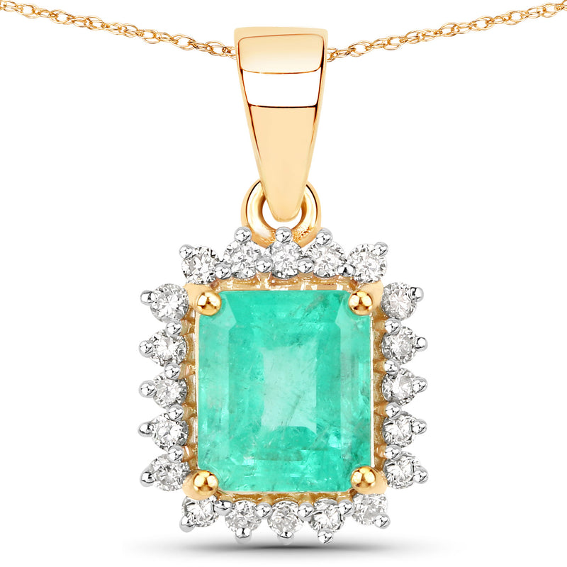 1.50 Carat Genuine Colombian Emerald and White Diamond 14K Yellow Gold Pendant