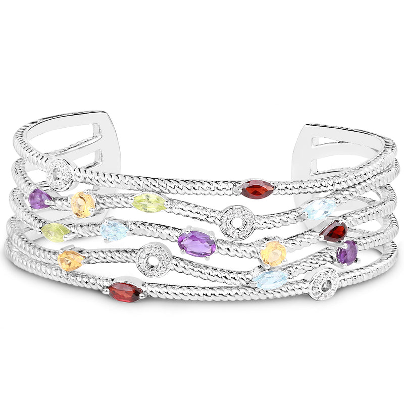 3.97 Carat Genuine Multi Stones .925 Sterling Silver Cuff Bangle