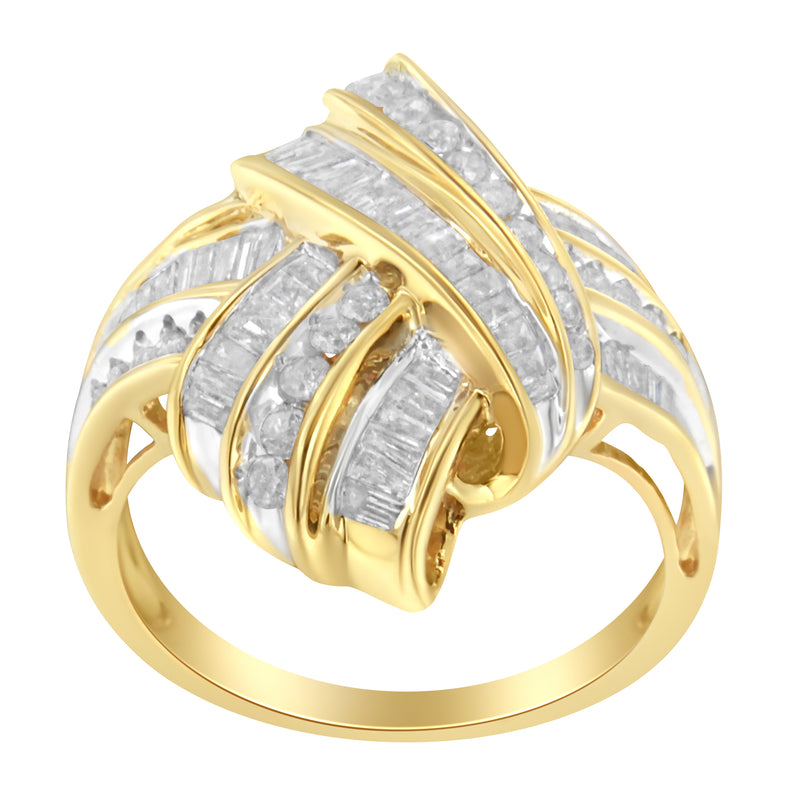 10K Yellow Gold Plated .925 Sterling Silver 1.0 Cttw Round & Baguette Diamond Knot Channel Statement Ring (I-J Color, I2-I3 Clarity) - Size 8