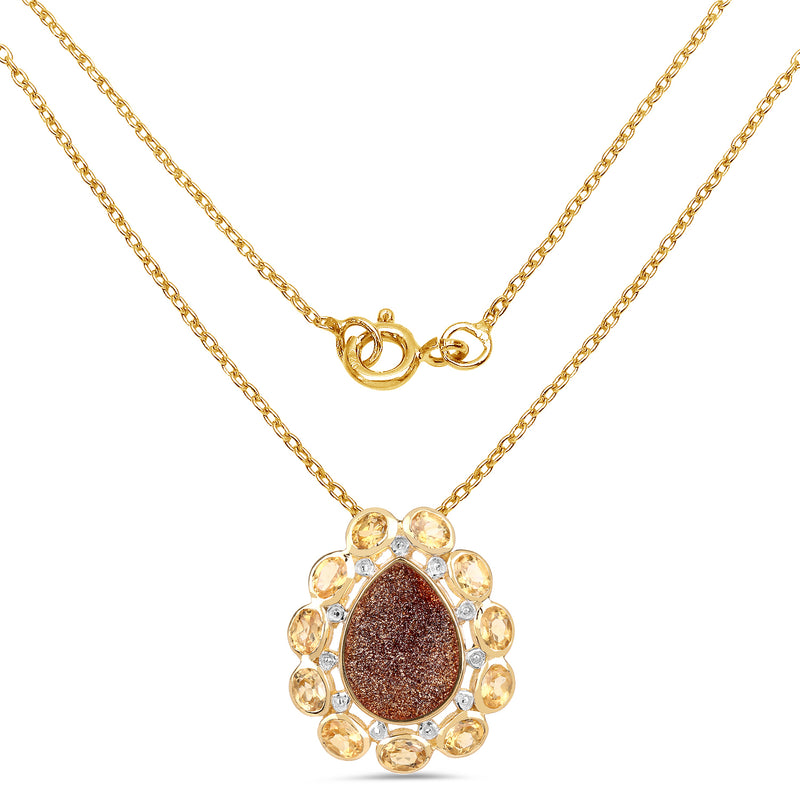 14K Yellow Gold Plated 5.14 Carat Genuine Red Droozi and Citrine .925 Sterling Silver Pendant