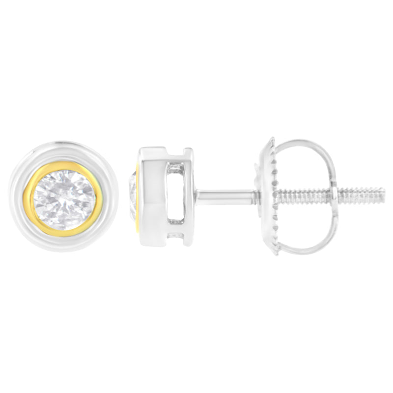 10K Yellow & White Two-Tone Gold 1/5 Cttw Round Brilliant-Cut Near Colorless Diamond Bezel-Set Stud Earrings with Screw Backs (J-K Color, I1-I2 Clarity)