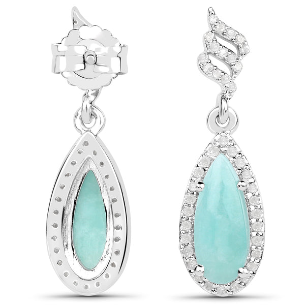 3.53 Carat Genuine Amazonite and White Diamond .925 Sterling Silver Earrings