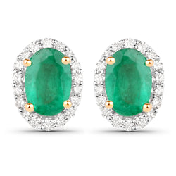 1.07 Carat Genuine Zambian Emerald and White Diamond 18K Yellow Gold Earrings