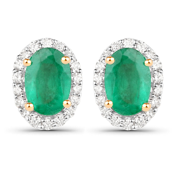 1.07 Carat Genuine Zambian Emerald and White Diamond 18K Yellow Gold Earrings