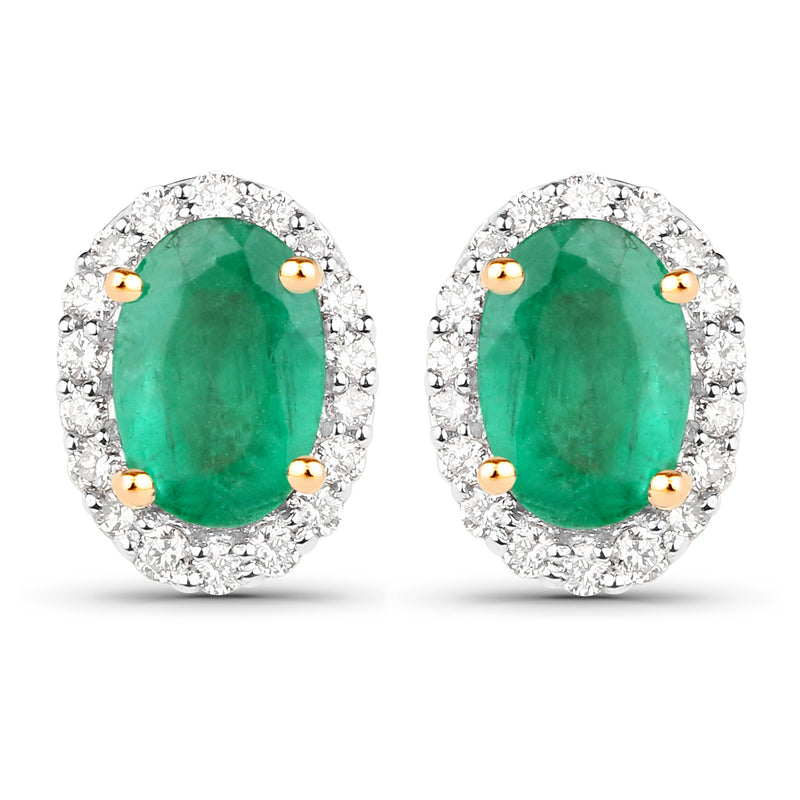 1.07 Carat Genuine Zambian Emerald and White Diamond 18K Yellow Gold Earrings