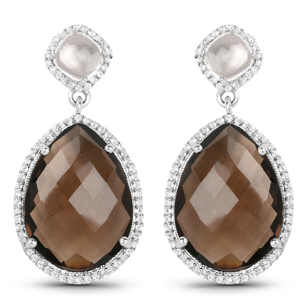 19.30 Carat Genuine Smoky Quartz, Crystal Quartz And White Topaz .925 Sterling Silver Earrings