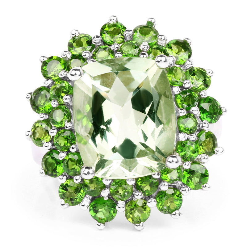 9.89 Carat Genuine Green Amethyst and Chrome Diopside .925 Sterling Silver Ring