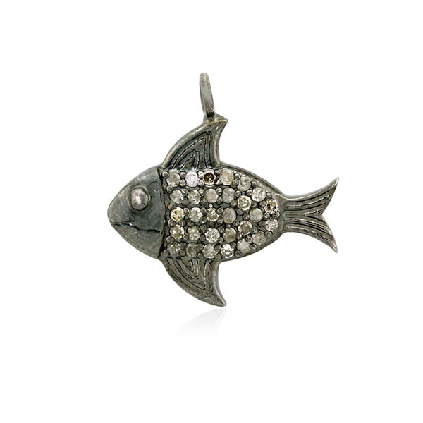 0.28ct Pave Diamond Fish Charm Pendant .925 Sterling Silver Handmade Jewelry