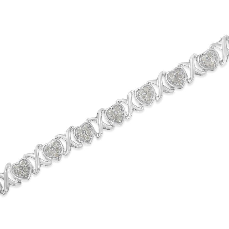 .925 Sterling Silver 1.0 Cttw Diamond Heart & X-Link 7" Tennis Bracelet (I-J Color, I2-I3 Clarity)
