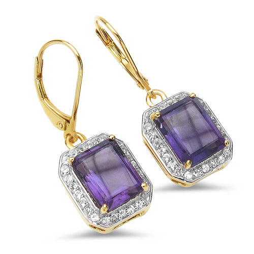 18K Yellow Gold Plated 5.52 Carat Genuine Amethyst & White Topaz .925 Sterling Silver Earrings