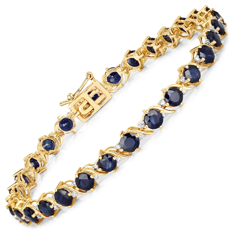 8.09 Carat Genuine Blue Sapphire and White Diamond 14K Yellow Gold Bracelet