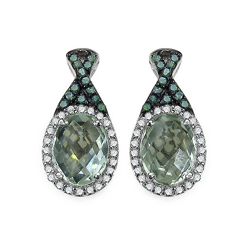 2.55 Carat Genuine Green Amethyst, Green Diamond & White Diamond .925 Sterling Silver Earrings