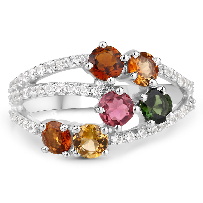 2.21 Carat Genuine Multi Tourmaline and White Zircon .925 Sterling Silver Ring