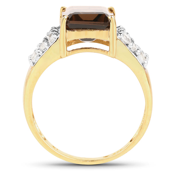 14K Yellow Gold Plated 3.61 Carat Genuine Smoky Quartz and White Topaz .925 Sterling Silver Ring