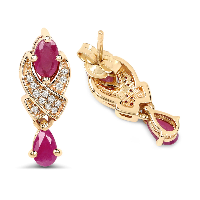 1.12 Carat Genuine Ruby and White Diamond 14K Yellow Gold Earrings