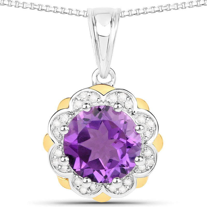 1.87 Carat Genuine Amethyst and White Diamond 14K Yellow Gold with .925 Sterling Silver Pendant