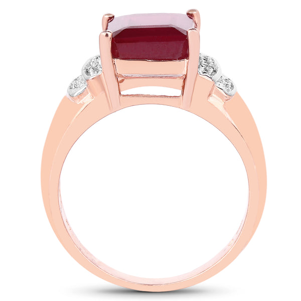 14K Rose Gold Plated 4.26 Carat Genuine Glass Filled Ruby and White Topaz .925 Sterling Silver Ring