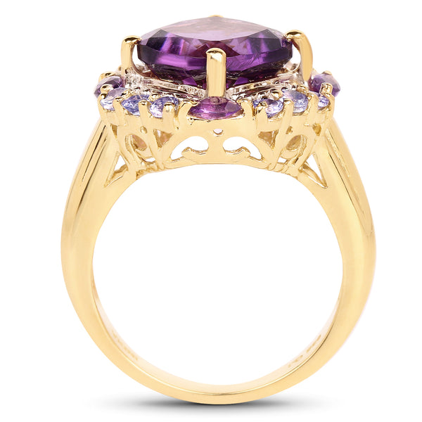 14K Yellow Gold Plated 3.86 Carat Genuine Amethyst & Tanzanite .925 Sterling Silver Ring