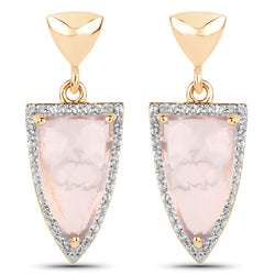 14K Yellow Gold Plated 7.36 Carat Genuine Rose Quartz and White Topaz .925 Sterling Silver Earrings