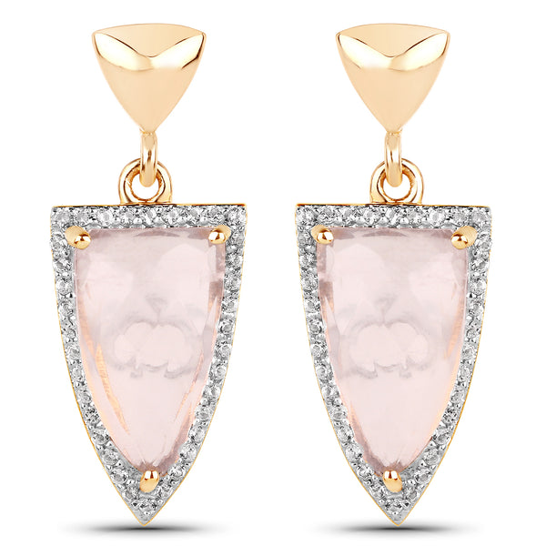 14K Yellow Gold Plated 7.36 Carat Genuine Rose Quartz and White Topaz .925 Sterling Silver Earrings