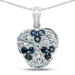 2.73 Carat Genuine Blue Sapphire and Aquamarine .925 Sterling Silver Pendant