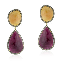 Pave Diamond & Pear Cut Sapphire Dangle Earrings 14k Gold Silver Jewelry