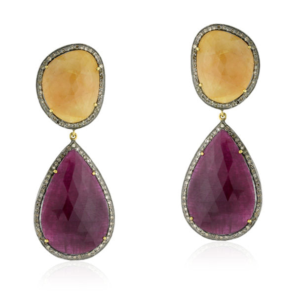 Pave Diamond & Pear Cut Sapphire Dangle Earrings 14k Gold Silver Jewelry