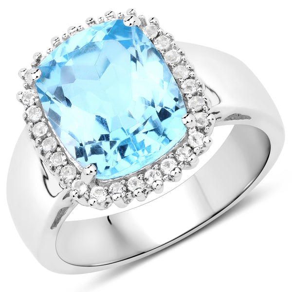 4.38 Carat Genuine Blue Topaz and White Topaz .925 Sterling Silver Ring