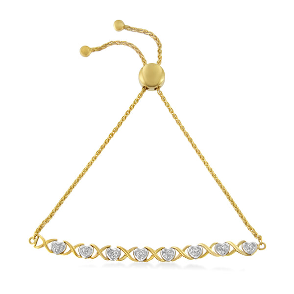 10K Yellow Gold over .925 Sterling Silver 1/10 Cttw Diamond Heart and X-Link 6”-9” Adjustable Bolo Bracelet (H-I Color, I2-I3 Clarity)