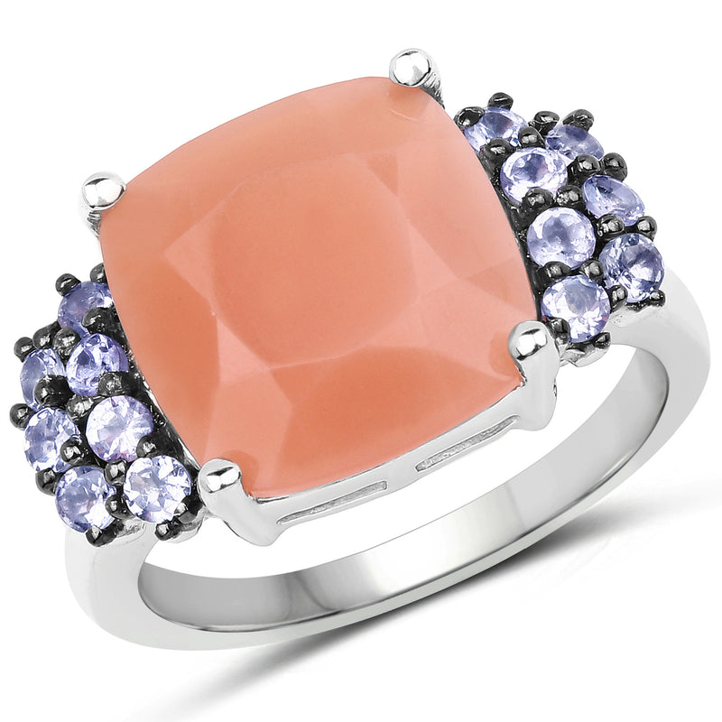 6.18 Carat Genuine Peach Moonstone and Tanzanite .925 Sterling Silver Ring