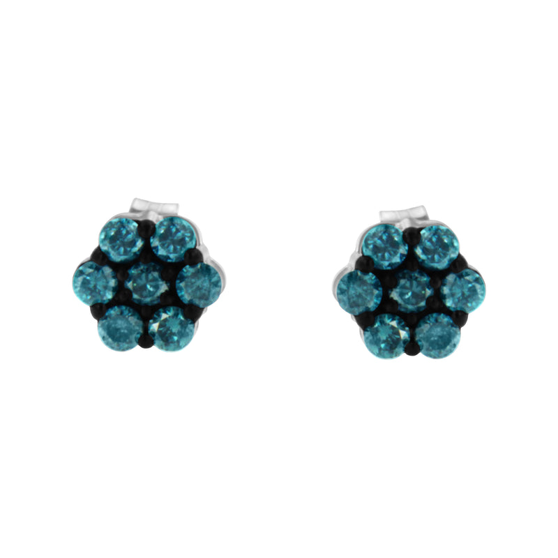 Sterling Silver Treated Blue Diamond Floral Stud Earrings (0.5 cttw, Blue Color, I2-I3 Clarity)