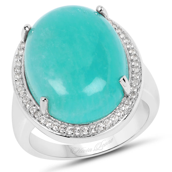 15.09 Carat Genuine Amazanite And White Topaz .925 Sterling Silver Ring